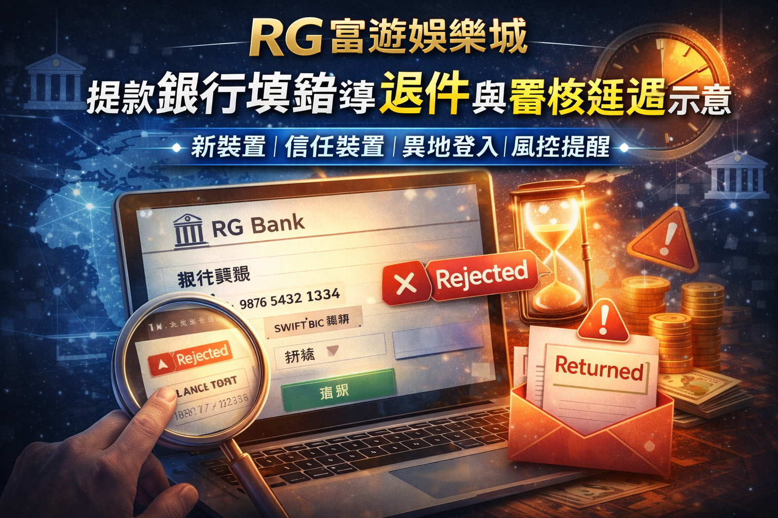 RG富遊娛樂城提款銀行填錯導致退件與審核延遲示意