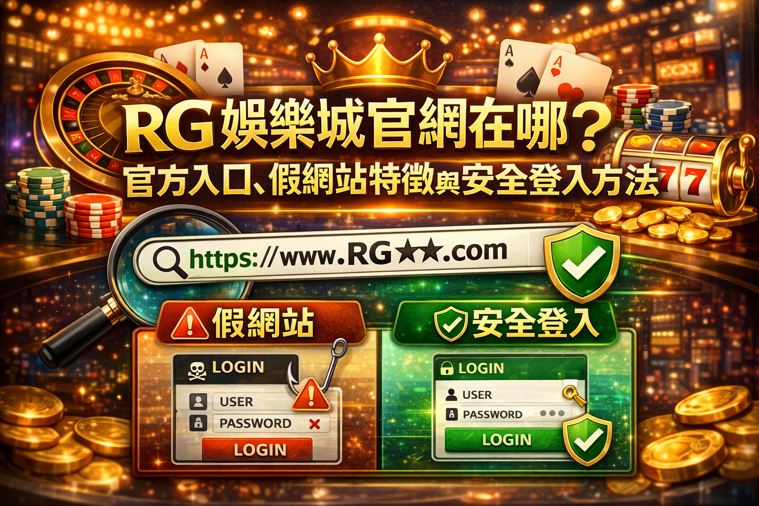 RG娛樂城官網入口辨識重點示意：官方入口判斷、假網站特徵與安全登入風險提醒