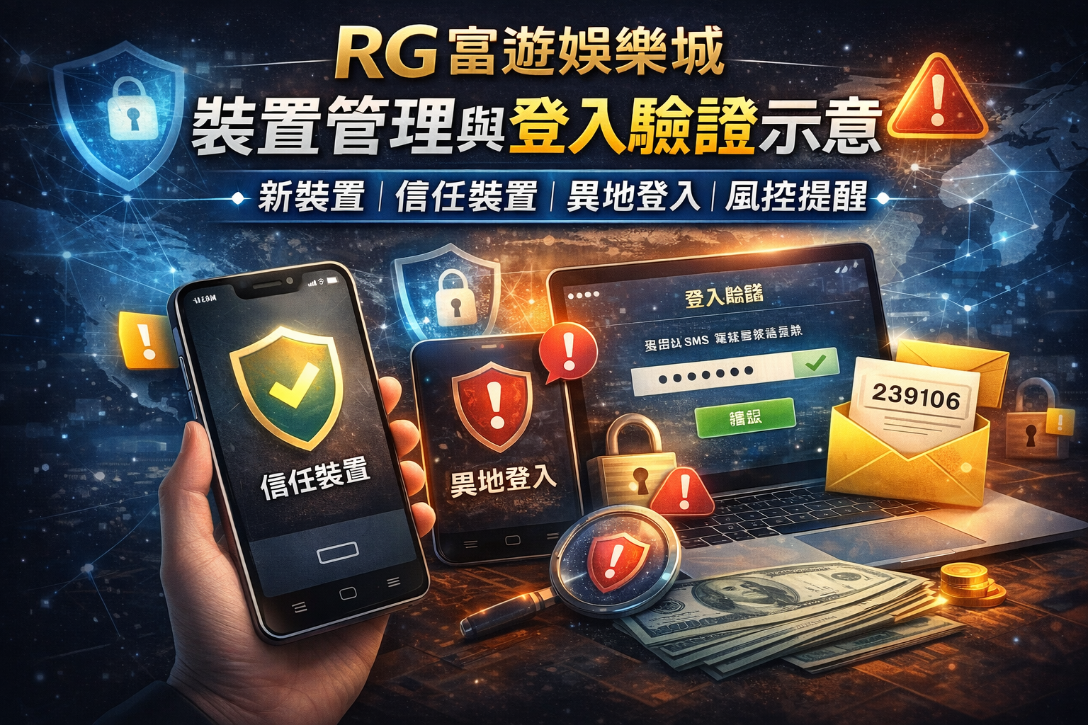 RG富遊娛樂城裝置管理與登入驗證示意—新裝置、信任裝置、異地登入與風控提醒